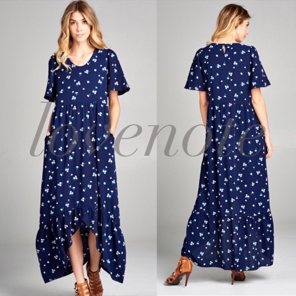 1 S β’ Fully Lined Short Sleeve Floral Hi Low Maxi - Picture 2 of 5